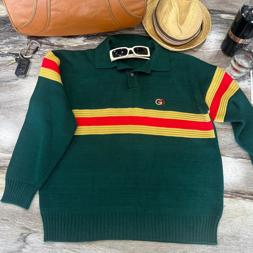 Vintage Hunter Green Gucci Sweater Gold & Red Signature Stripe Collar, Button Up